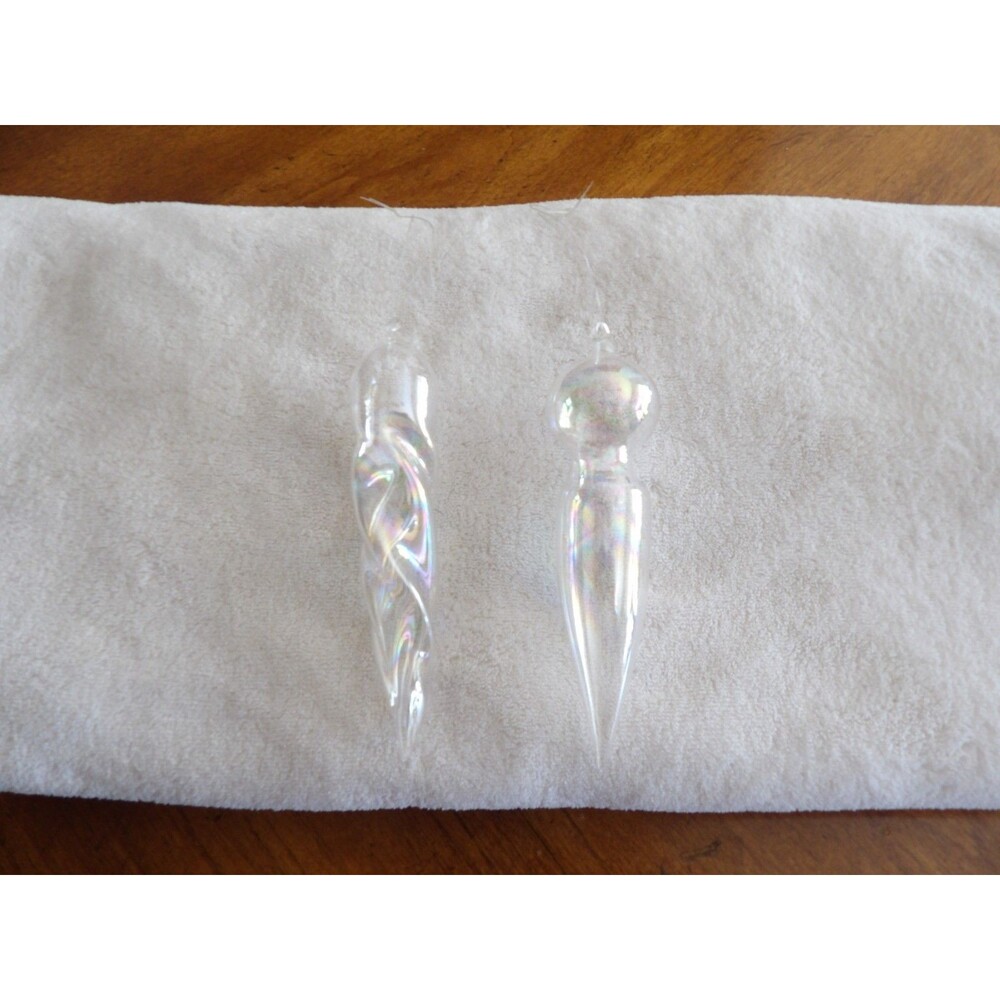 Lot 2 Handblown Clear Thin Glass Iridescent Christmas Tree Ornament Icicle 4.75" - Picture 4 of 13